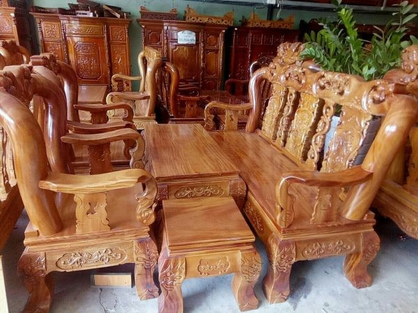 Bộ bàn ghế gỗ Gõ Đỏ chạm Đào tay 12 với đường nét mềm mại
