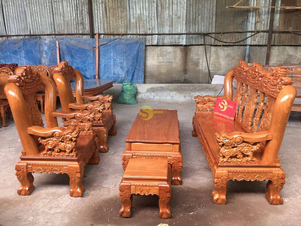 Bộ bàn ghế gỗ Gõ Đỏ chạm Lân 2 mặt tay 14 cao cấp