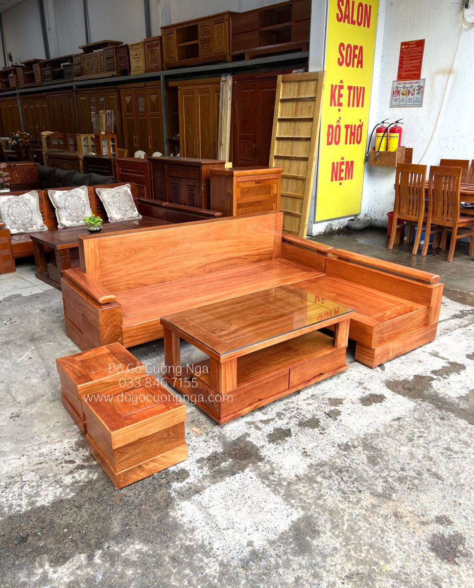 Bộ bàn ghế gỗ gõ đỏ góc L tối ưu không gian