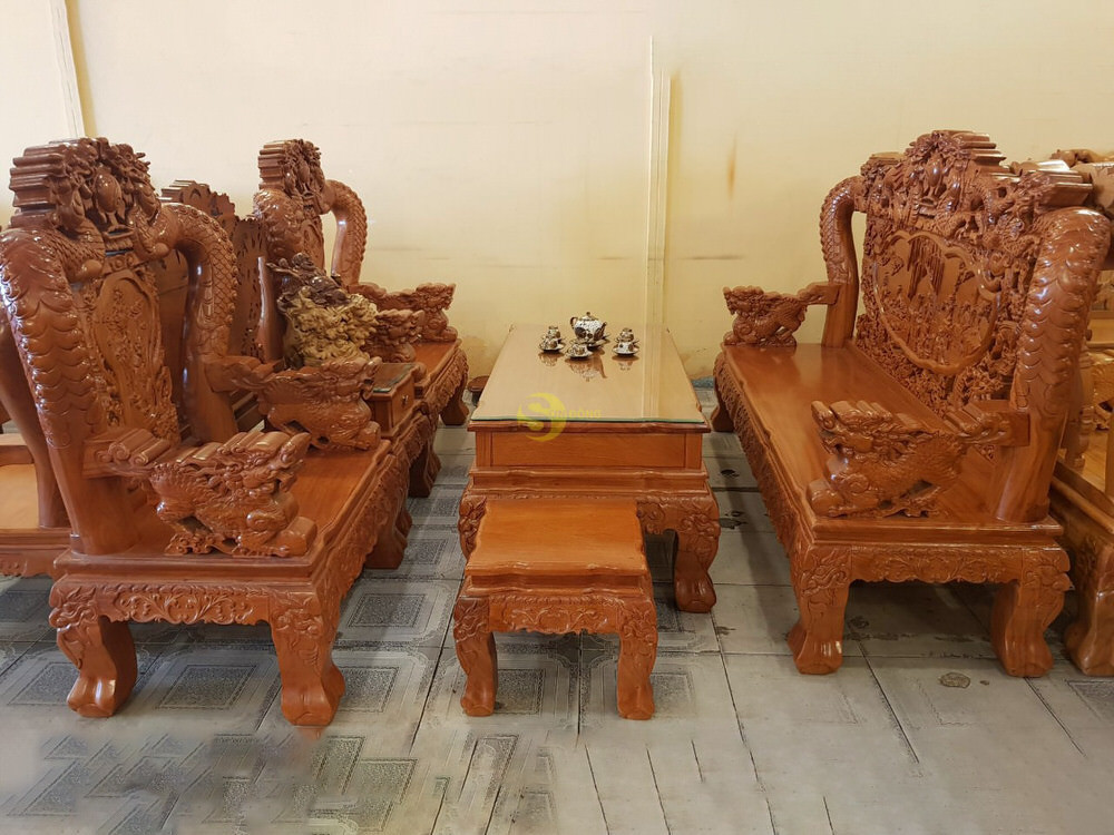 Bộ bàn ghế gỗ Gõ Đỏ Rồng Cột Đục tay 14 hoành tráng