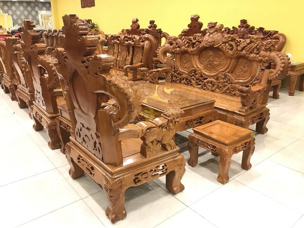 Bộ bàn ghế gỗ Gõ Đỏ Rồng Đỉnh tay 12 hoành tráng