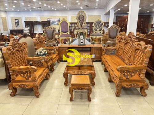 Bộ bàn ghế gỗ gõ đỏ tân cổ điển với thiết kế tay cong mềm mại