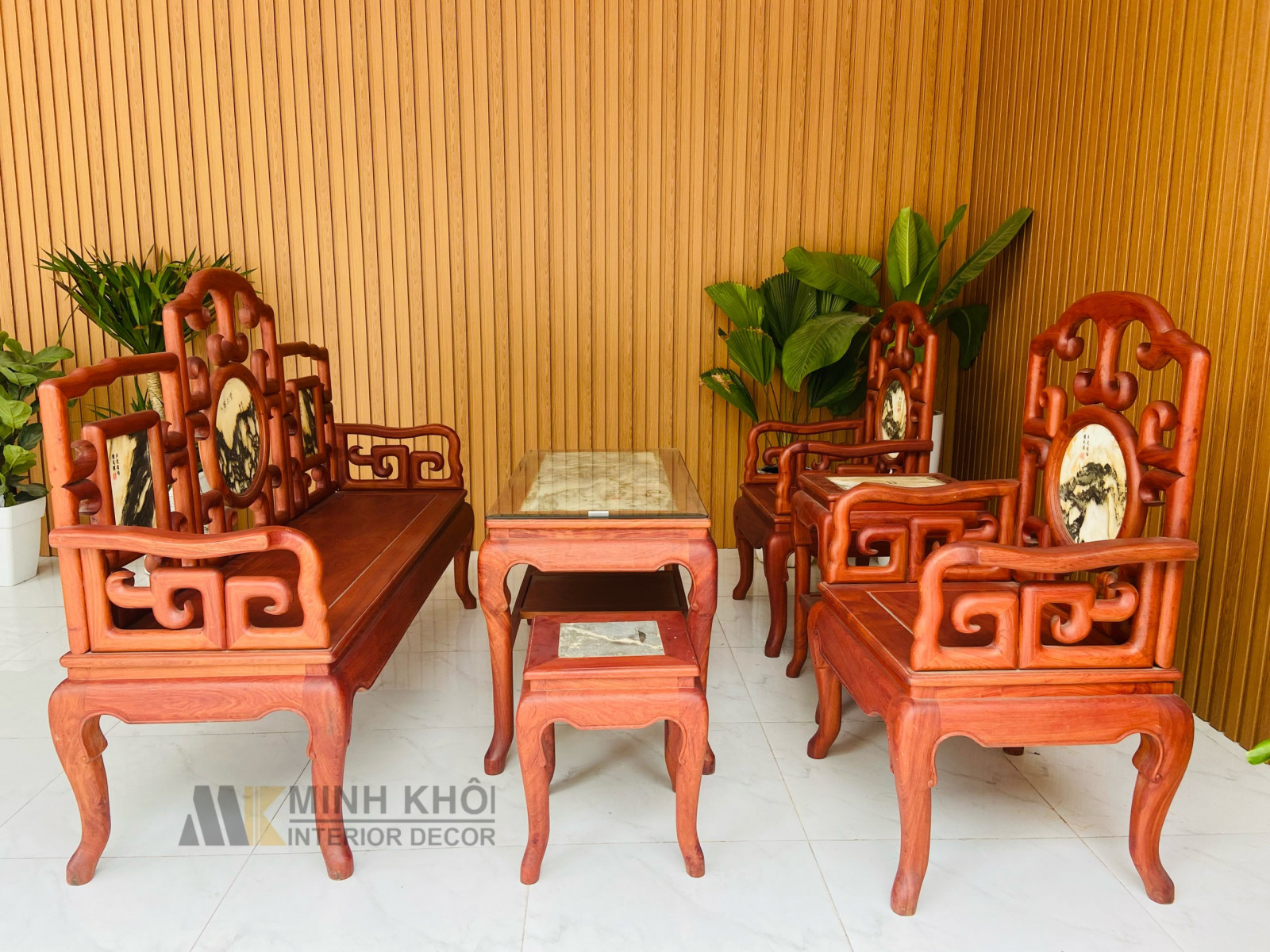 Bộ bàn ghế gỗ hương đá 6 món đơn giản tinh tế