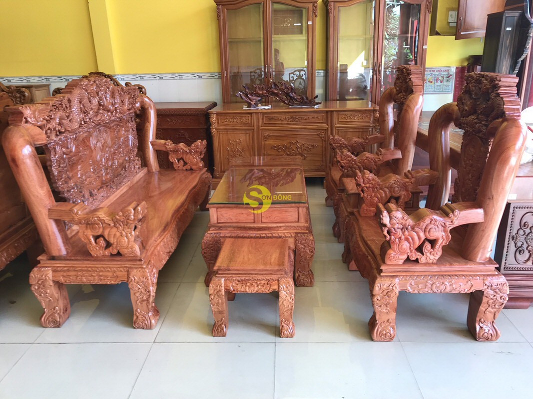 Bộ bàn ghế gỗ hương đá chạm Rồng Bát Tiên tay 12 sang trọng
