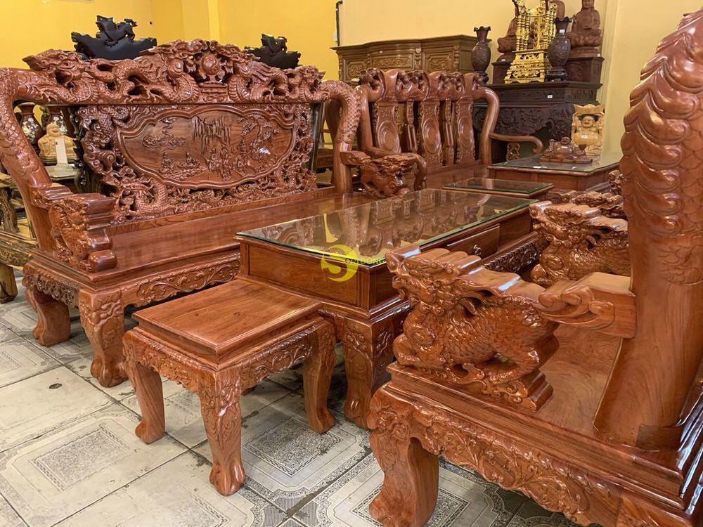 Bộ bàn ghế gỗ hương đá Lưỡng Long Chầu Nguyệt mặt liền