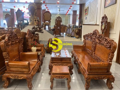 Bộ bàn ghế gỗ hương đá tân cổ điển chạm khắc hoa hồng tinh xảo