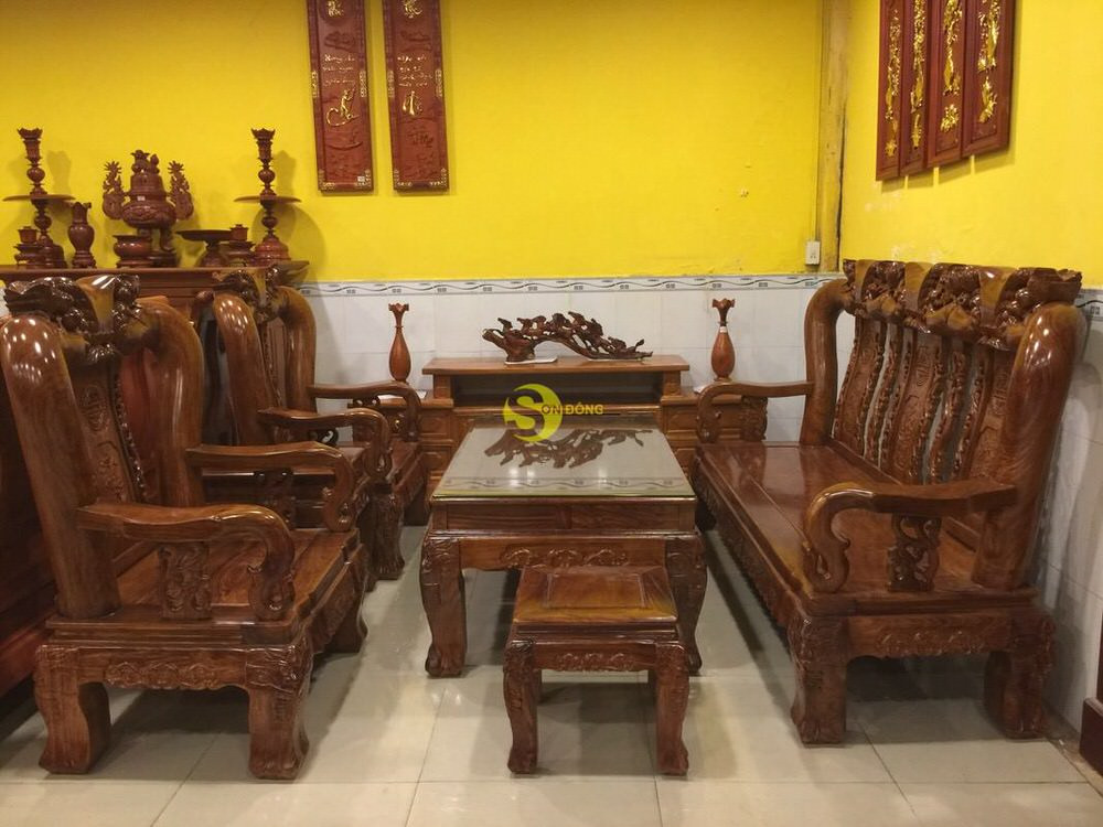 Bộ bàn ghế gỗ hương vân chạm Đào tay 14 sang trọng