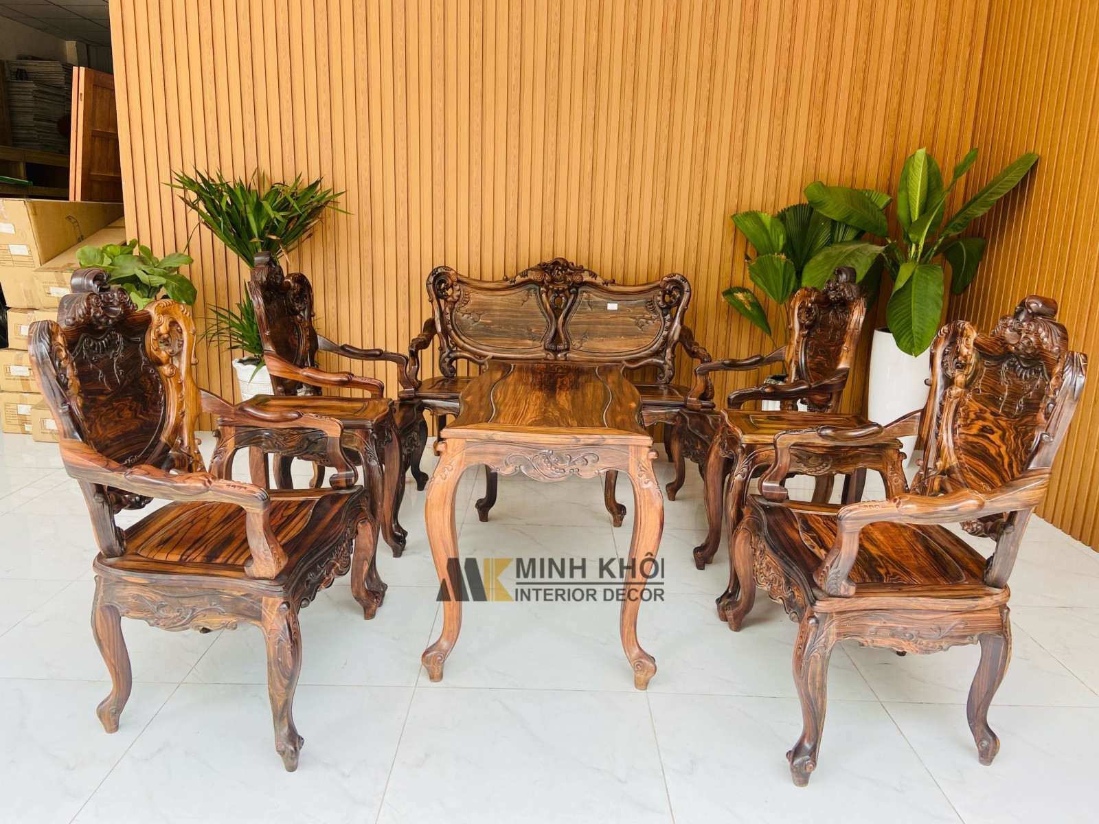 Bộ bàn ghế gỗ mun hoa sọc Luis 8 món
