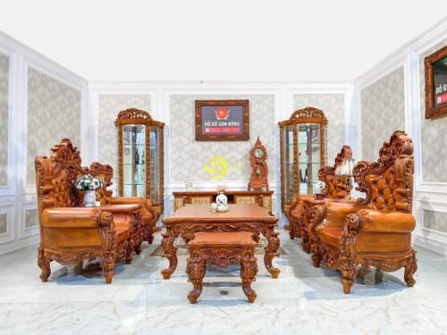 Bộ bàn ghế gỗ tân cổ điển sang trọng bọc da màu be tinh tế