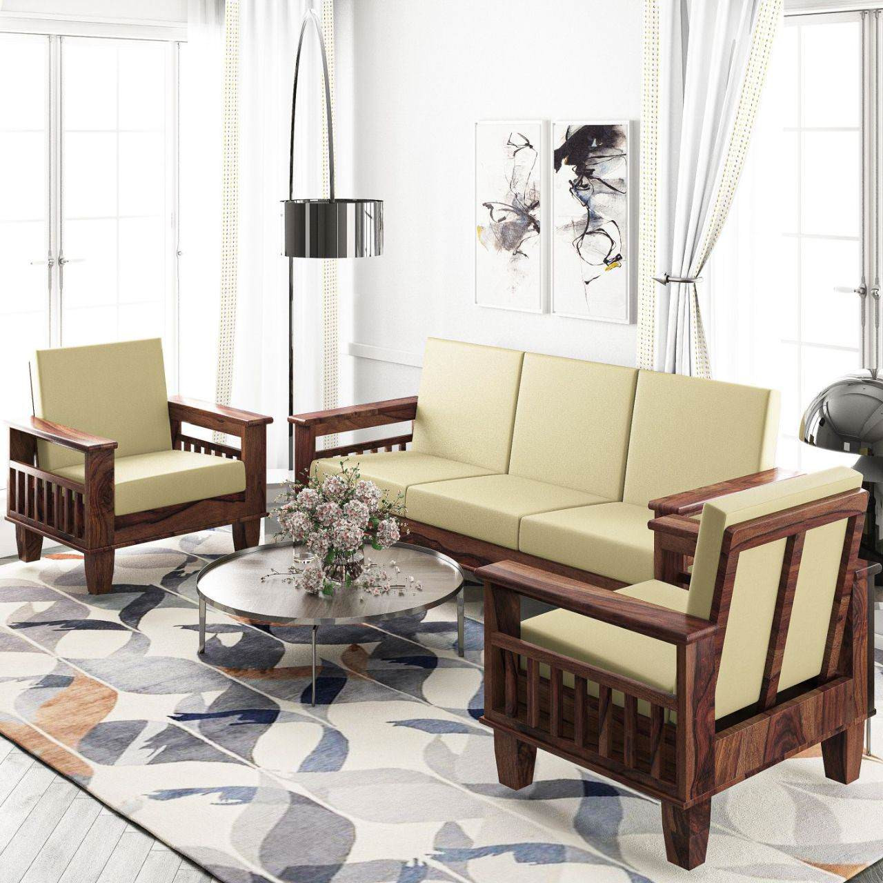 Bộ bàn ghế gỗ tự nhiên gồm một sofa lớn và 2 sofa đơn cho chung cư
