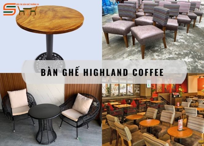 Bộ bàn ghế Highland Coffee với thiết kế hiện đại, kết hợp gỗ và đệm da êm ái cho không gian cafe trong nhà.