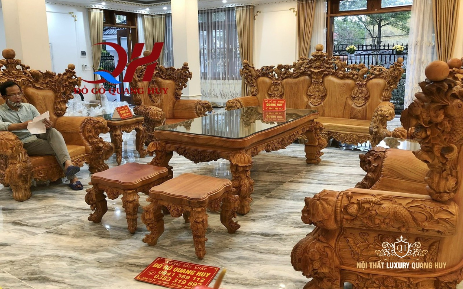 Bộ bàn ghế hoàng gia gỗ gõ đỏ 10 món Cá Chép Sen Ngọc Tài Lộc