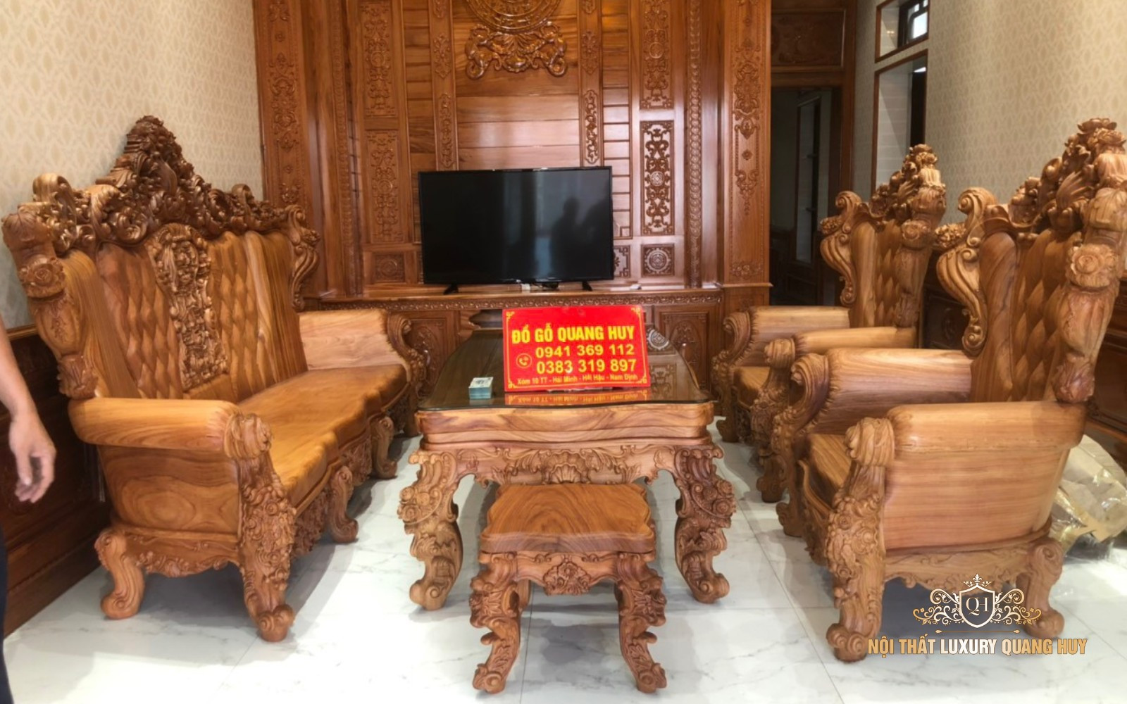 Bộ bàn ghế hoàng gia gỗ gõ đỏ 6 món phù hợp cho không gian phòng khách vừa và lớn