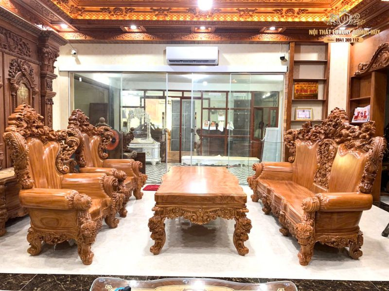 Bộ bàn ghế hoàng gia gỗ gõ đỏ chạm hoa hồng tay cong cỡ đại 10 món