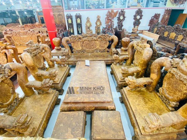 Bộ bàn ghế nu nghiến cột 20 chạm khắc Nghê Phụng