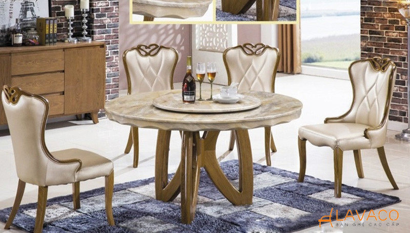 Bộ bàn ghế phòng khách kết hợp bàn ăn tân cổ điển, mặt gỗ tự nhiên ấm áp
