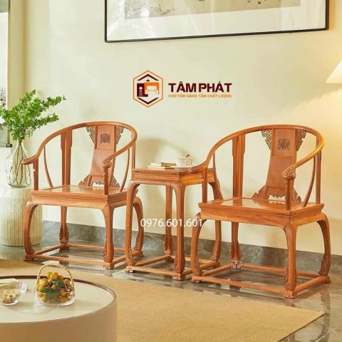 Bộ bàn ghế phòng trà đẹp bằng gỗ hương quý phái, phong cách Minh cổ điển