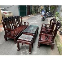 Bộ bàn ghế quốc đào cột 8 gỗ gụ đã qua sử dụng, thanh lý bộ bàn ghế gỗ phòng khách