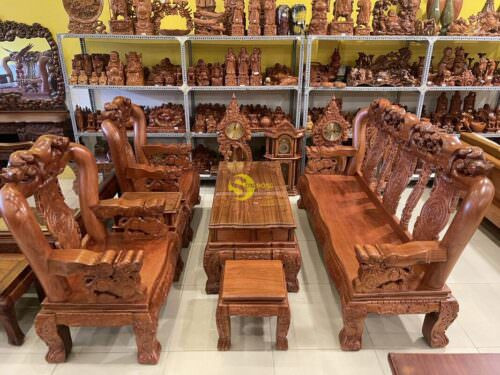 Bộ bàn ghế salon gỗ chạm đào mặt liền