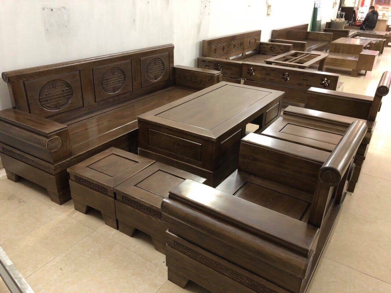 Bộ bàn ghế sofa đối phòng khách gỗ sồi Nga màu óc chó