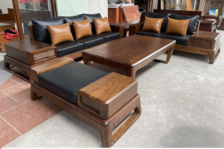 Bộ bàn ghế sofa gỗ sồi Nga chân chữ U màu óc chó