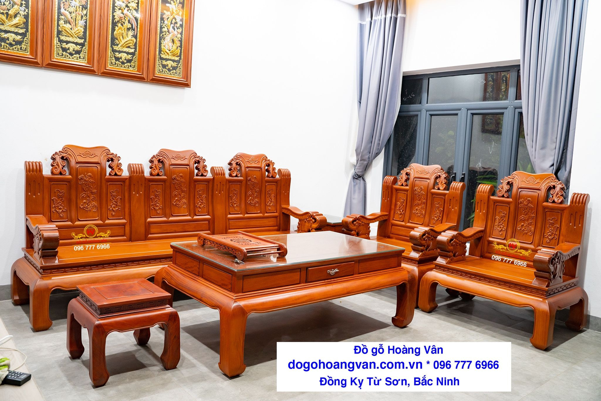 Bộ bàn ghế triện gỗ mun hoa sang trọng