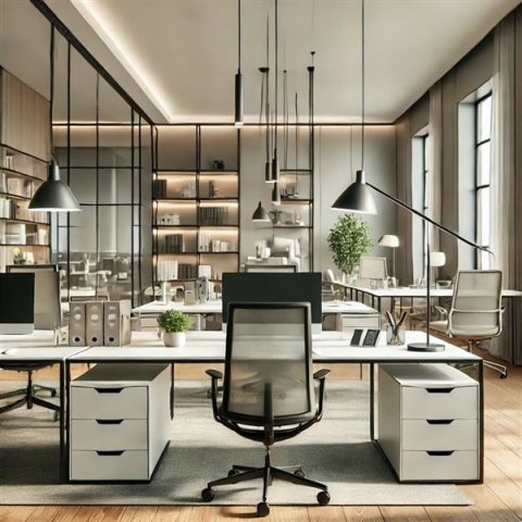 Bộ bàn ghế văn phòng hiện đại với ghế xoay lưới và bàn làm việc gỗ công nghiệp, tối ưu không gian làm việc hiệu quả