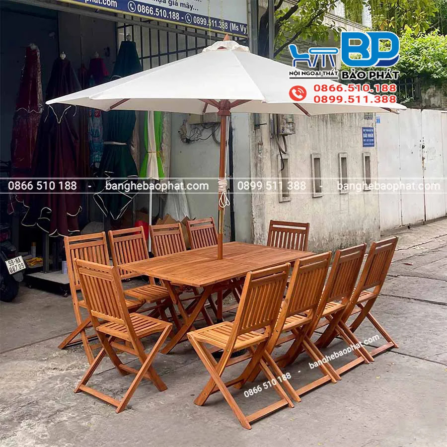 Bộ bàn ghế vỉa hè gỗ xếp kết hợp dù che tiện lợi