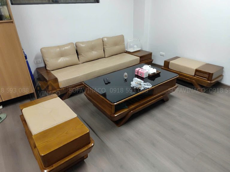 Bộ ghế gỗ bọc đệm sofa da thật cao cấp, mang lại sự thoải mái tối ưu.
