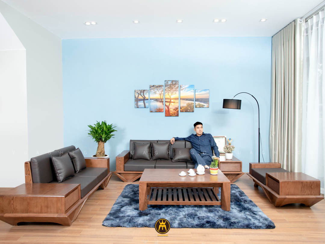 Bộ ghế gỗ tần bì hình chữ U lớn cho không gian phòng khách rộng rãi