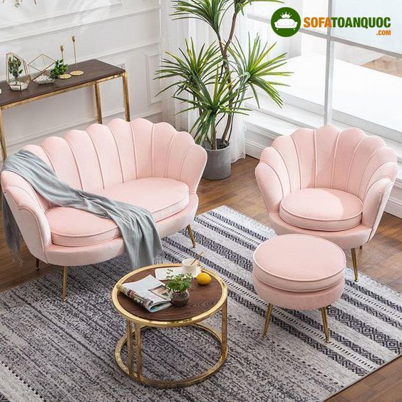 Bộ ghế sofa 1 chỗ ngồi hình vỏ sò tông màu hồng pastel nhẹ nhàng