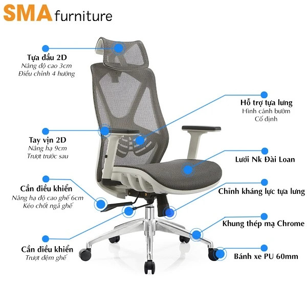 Bộ phận khung gầm và cơ chế điều chỉnh của ghế công thái học Hồ Chí Minh