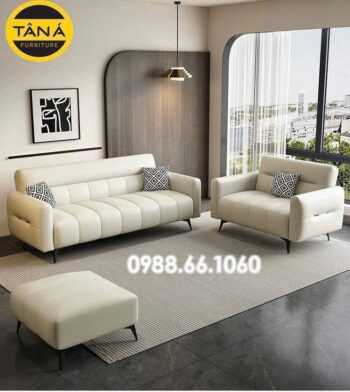 Bộ sofa băng da màu xám hiện đại, kết hợp ghế đơn cho phòng khách sang trọng.