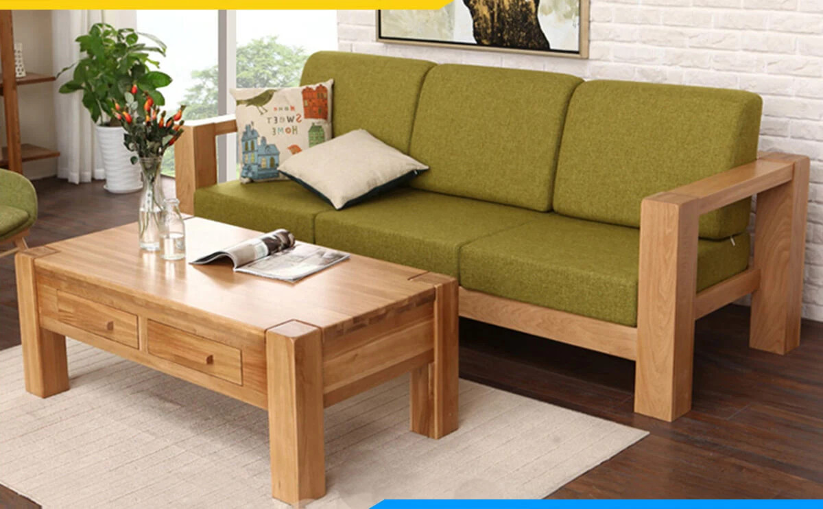 Bộ sofa gỗ mini đơn giản, bọc nệm vải cho phòng khách hiện đại