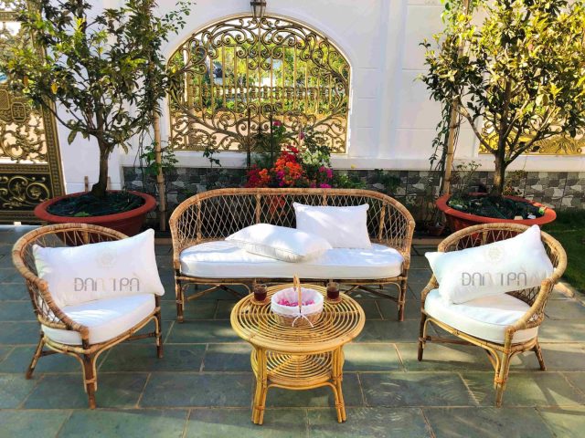 Bộ sofa mây đan caro cho ban công, xuất khẩu, chất liệu mây tự nhiên