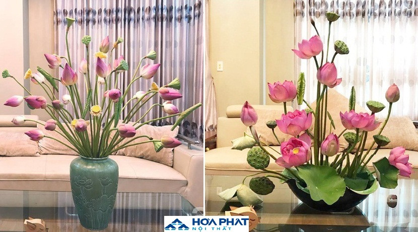 bông hoa sen hồng dịu dàng đặt trên bàn ăn