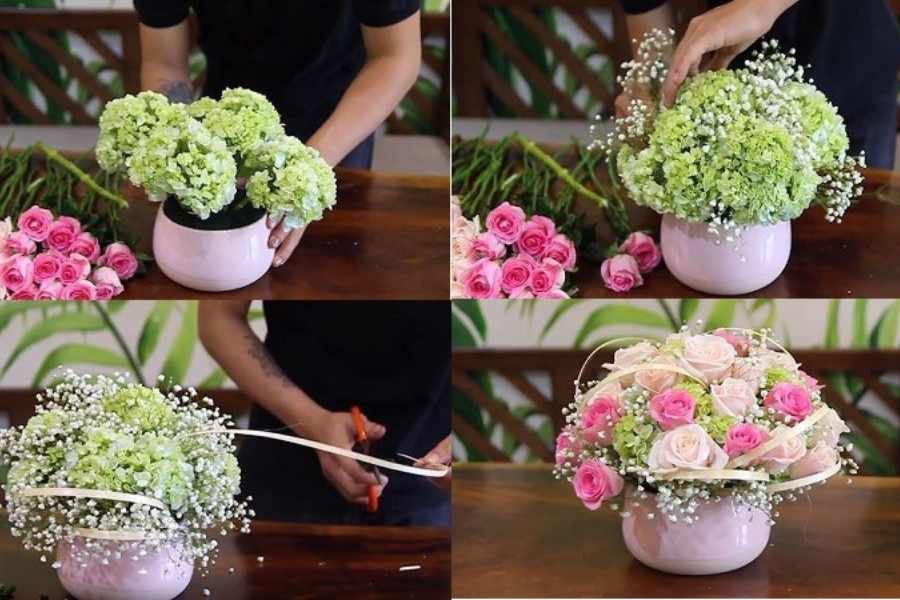 Cắm hoa để bàn uống nước với bình sứ