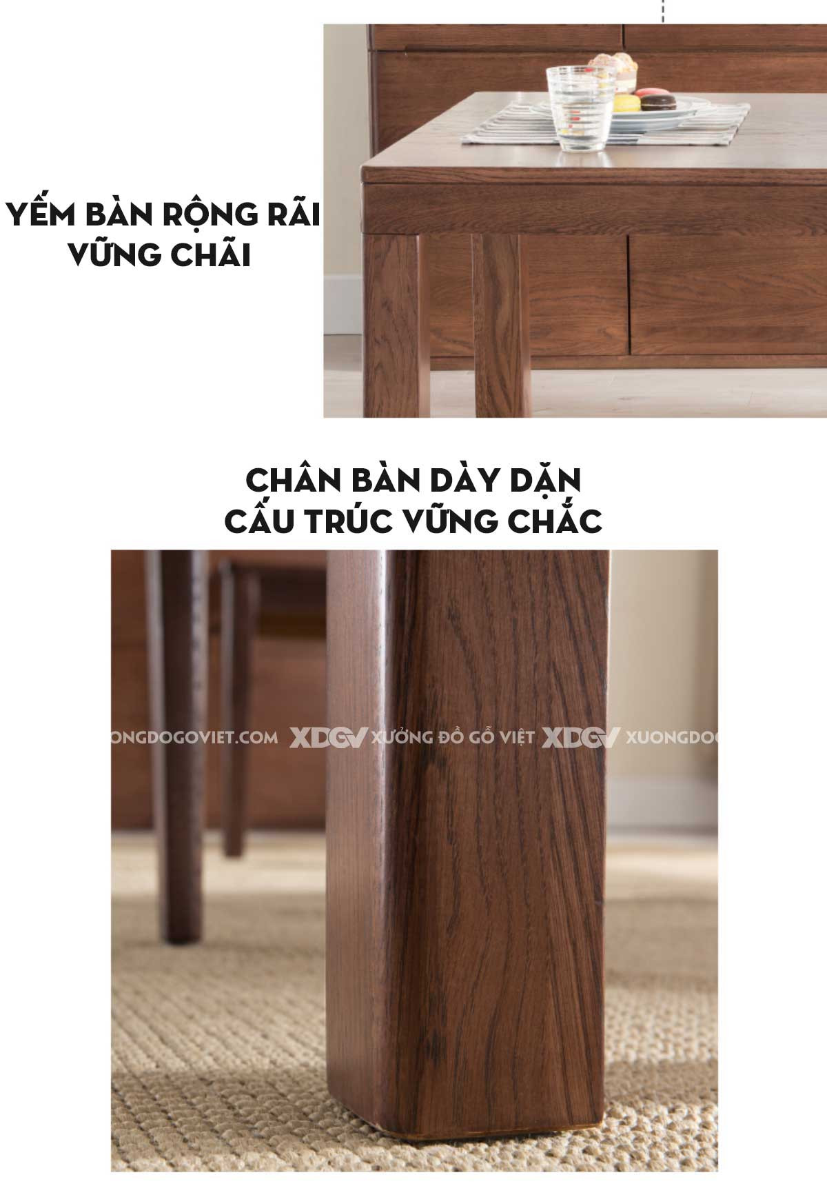 Cận cảnh bộ bàn ghế gỗ vuông bằng gỗ sồi, mặt bàn vân gỗ đẹp mắt và chân trụ vững chắc