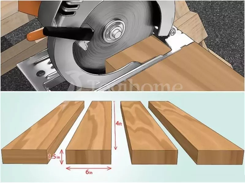 Cắt tấm gỗ theo kích thước đã đo để làm mặt bàn học sinh