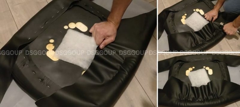 Cắt vải thừa lần cuối sau khi bọc đệm ghế xoay