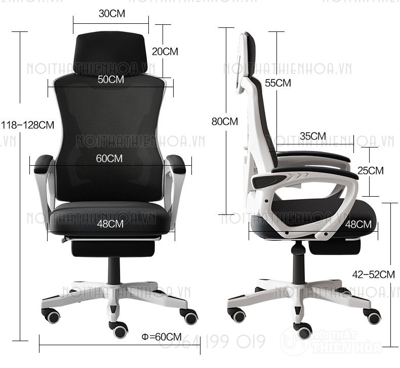 Cấu tạo chi tiết một chiếc ghế văn phòng có thể nằm, cho thấy khung sườn chắc chắn và các bộ phận điều chỉnh linh hoạt.