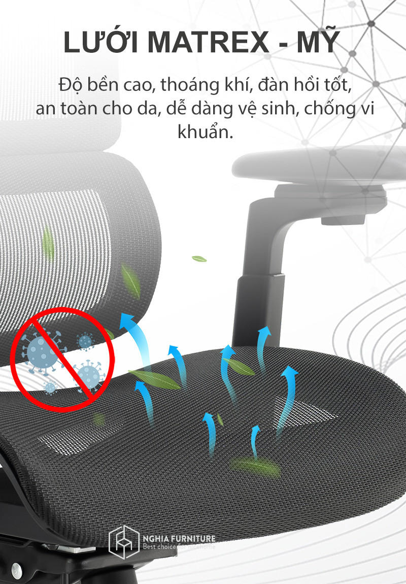 Chất liệu lưới Matrex nhập khẩu Mỹ trên ghế công thái học Lumbar 03