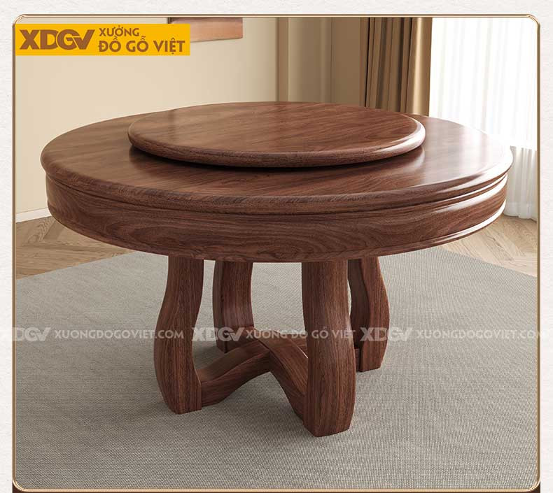 Chi tiết mâm xoay tiện lợi trên bàn ăn tròn gỗ óc chó sang trọng