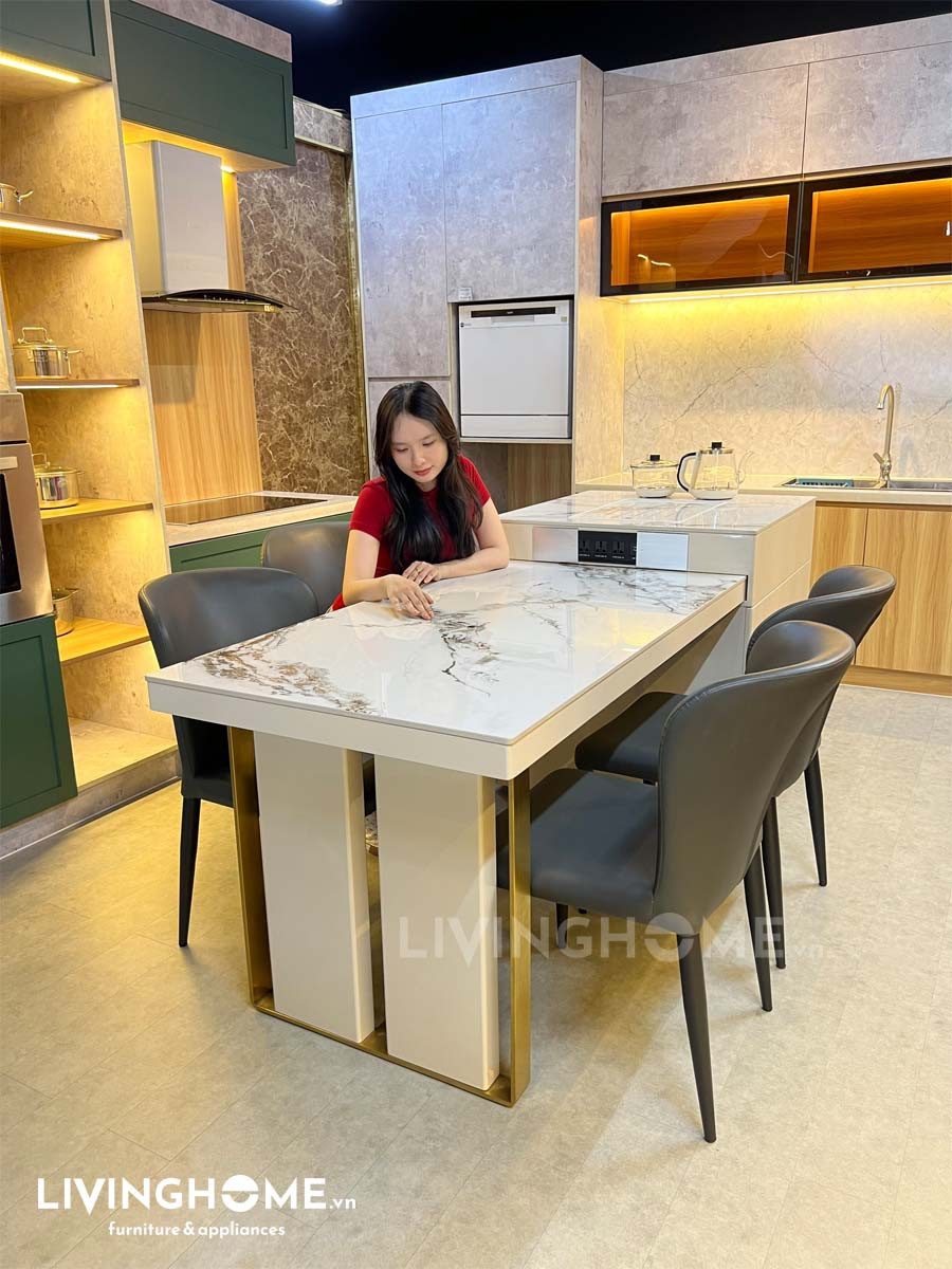 Chi tiết mặt bàn đảo liền bàn ăn làm từ đá phiến cao cấp