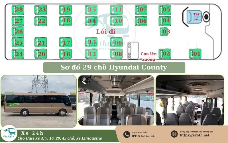 Chi tiết sơ đồ ghế ngồi xe 29 chỗ Hyundai County, tiện lợi cho hành khách.