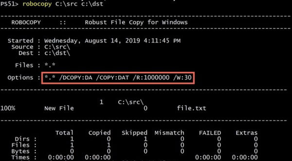 Cửa sổ Command Prompt hiển thị lệnh Robocopy để sao chép văn bản và thư mục
