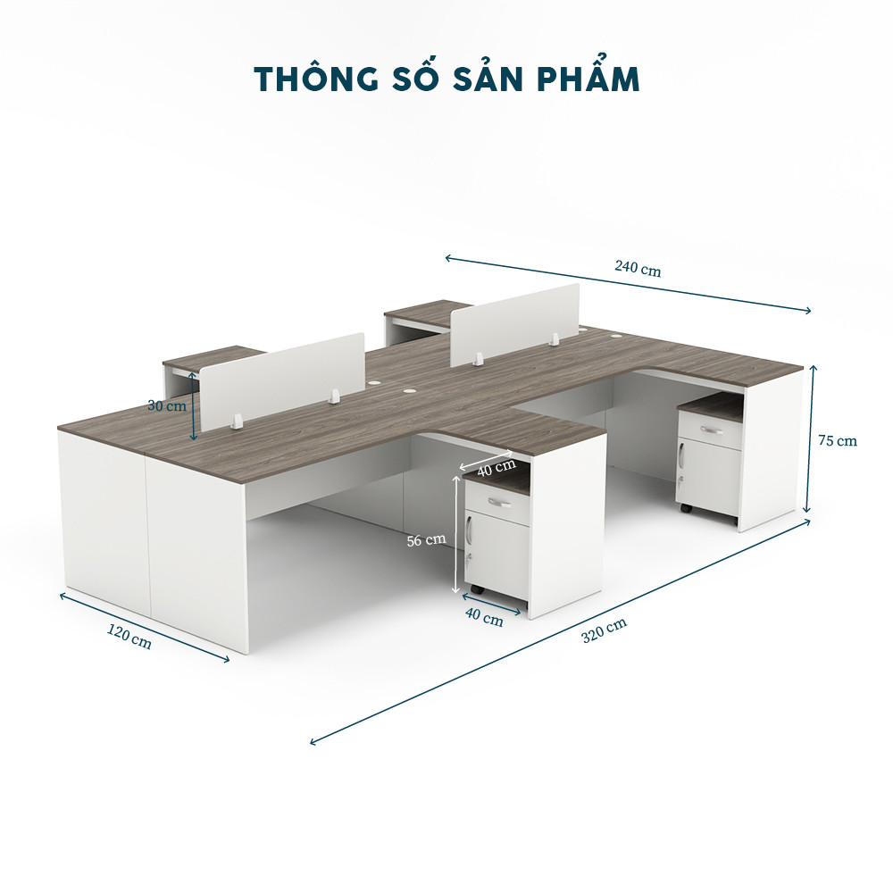 Cụm bàn làm việc 4 người Yota với hộc và vách ngăn