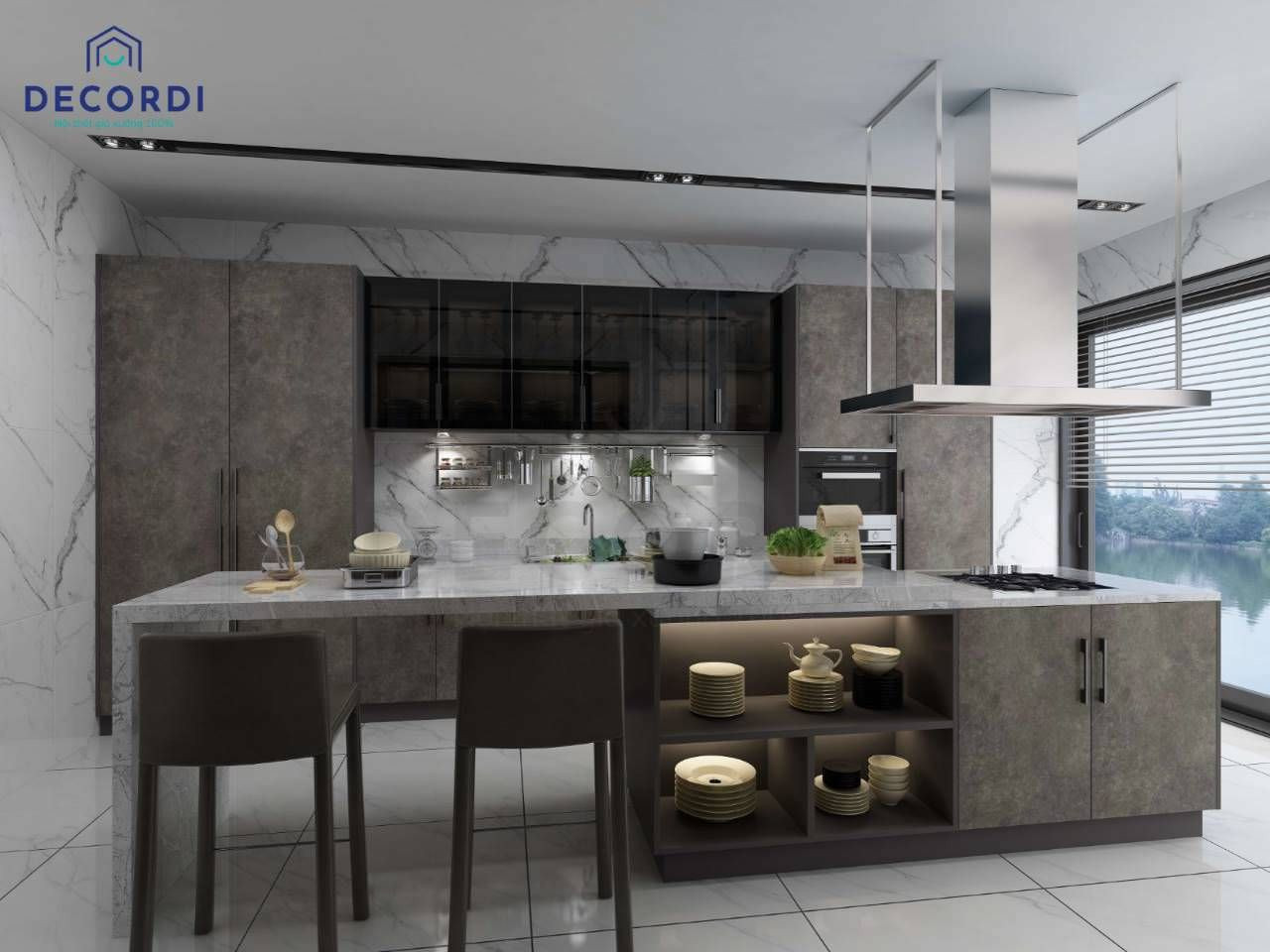 Đảo bếp kiêm bàn ăn với ngăn tủ lớn