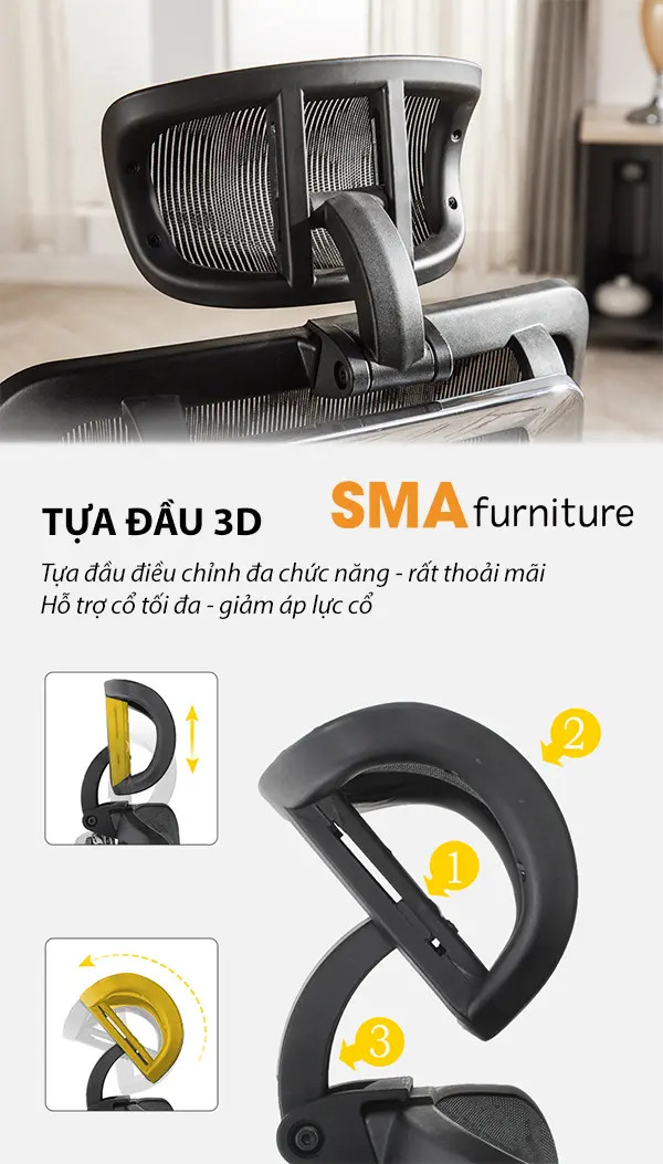 Điều chỉnh tựa đầu của ghế ngồi máy tính không đau lưng giúp hỗ trợ tối ưu cột sống cổ, giảm đau vai gáy.