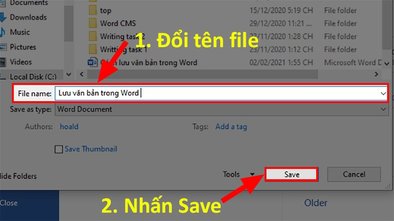 Đổi tên file Word đã lưu bằng Save As
